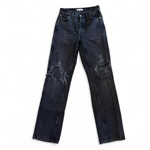 Re/done high rise dark washed denim jeans with distressed rips in the knees